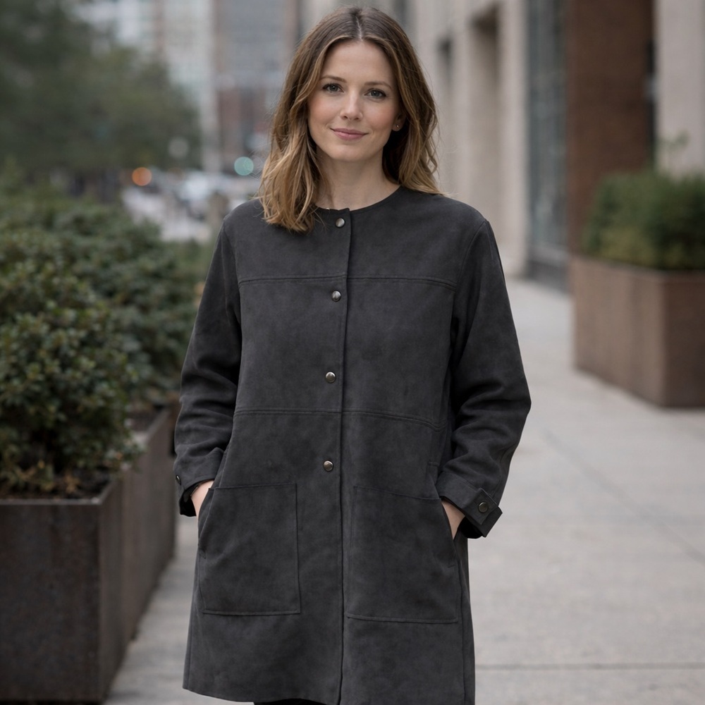 NWT TAHARI T Faux Suede Duster Snap Front Jacket Cardigan Coat Charcoal Grey S/P